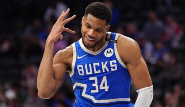 Milwaukee Bucks forward Giannis Antetokounmpo (34) reacts  (Mandatory Credit: Kyle Ross-Imagn Images)