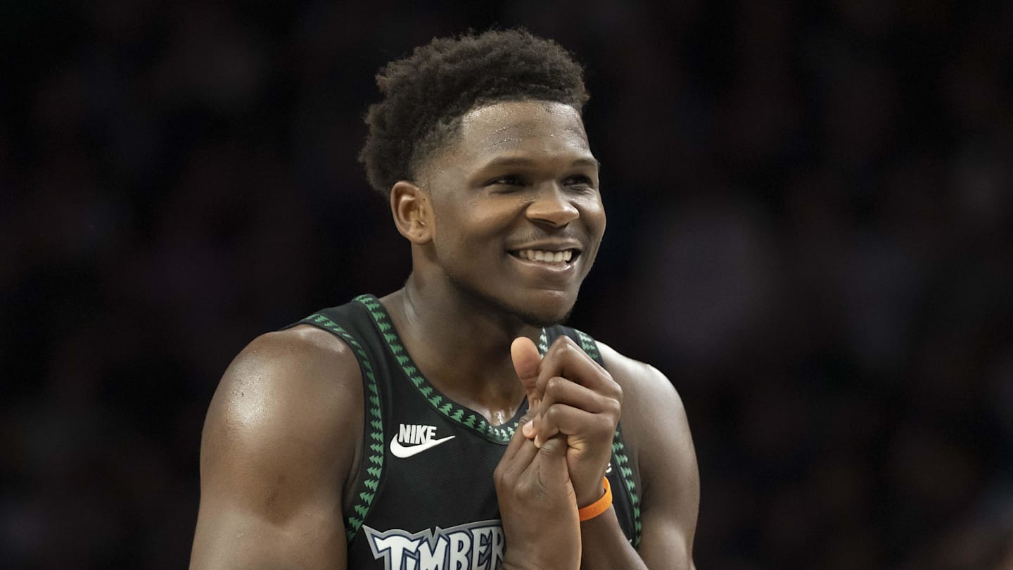 Feb 6, 2026; Minneapolis, Minnesota, USA; Minnesota Timberwolves guard Anthony Edwards (5) smiles against the New Orleans Pelicans in the second half at Target Center. Mandatory Credit: Jesse Johnson-Imagn Images