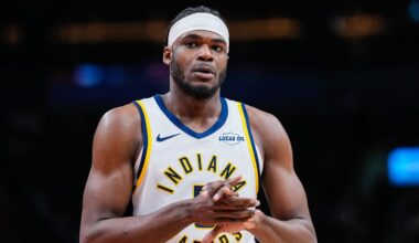 Indiana Pacers forward Jarace Walker (5) looks on against the Toronto Raptors at Scotiabank Arena.