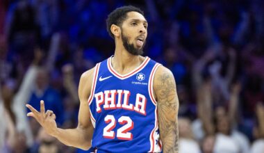Apr 17, 2024; Philadelphia, Pennsylvania, USA; Philadelphia 76ers guard Cameron Payne (22) reacts to his three pointer against the Miami Heat during the third quarter of a play-in game of the 2024 NBA playoffs at Wells Fargo Center. Mandatory Credit: Bill Streicher-Imagn Images