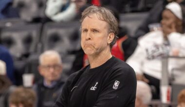 Feb 5, 2026; Detroit, Michigan, USA; Washington Wizards head coach Brian Keefe watches from the sidelines against the Detroit Pistons during the second half at Little Caesars Arena. Mandatory Credit: David Reginek-Imagn Images