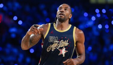 Feb 15, 2026; Inglewood, California, USA; Team USA Stripes forward Kawhi Leonard (2) of the LA Clippers reacts in game three against Team World during the 75th NBA All Star Game at Intuit Dome. Mandatory Credit: Kirby Lee-Imagn Images