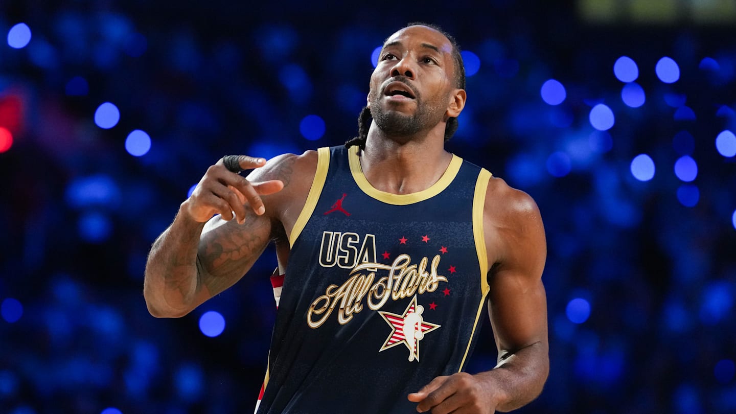 Feb 15, 2026; Inglewood, California, USA; Team USA Stripes forward Kawhi Leonard (2) of the LA Clippers reacts in game three against Team World during the 75th NBA All Star Game at Intuit Dome. Mandatory Credit: Kirby Lee-Imagn Images