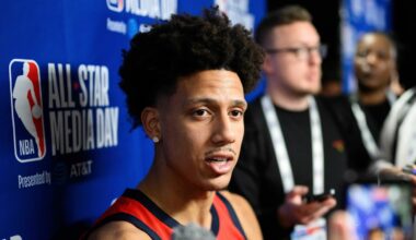Jalen Johnson speaks during interviews at media day at Intuit Dome