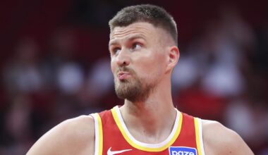Oct 6, 2025; Houston, Texas, USA; Atlanta Hawks forward/center Kristaps Porzingis (8) reacts during the second quarter against the Houston Rockets at Toyota Center. Mandatory Credit: Troy Taormina-Imagn Images