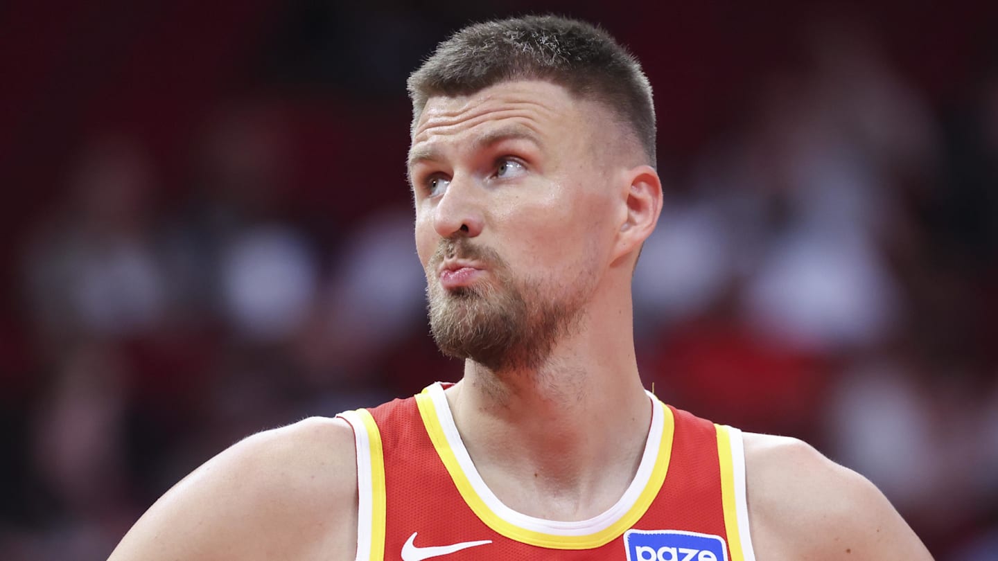 Oct 6, 2025; Houston, Texas, USA; Atlanta Hawks forward/center Kristaps Porzingis (8) reacts during the second quarter against the Houston Rockets at Toyota Center. Mandatory Credit: Troy Taormina-Imagn Images