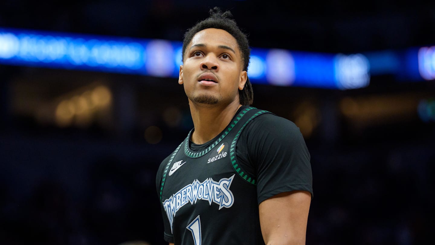 Nov 29, 2025; Minneapolis, Minnesota, USA; Minnesota Timberwolves guard Terrence Shannon Jr. (1) during a stoppage against the Boston Celtics in the fourth quarter at Target Center. Mandatory Credit: Matt Blewett-Imagn Images