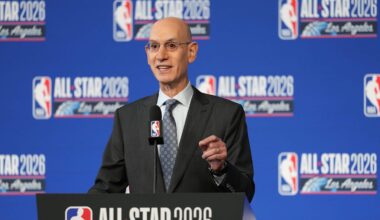 Feb 14, 2026; Los Angeles, CA, USA; NBA commissioner Adam Silver speaks to the media during a press conference before 2026 NBA All Star Saturday Night at Intuit Dome. Mandatory Credit: Kirby Lee-Imagn Images