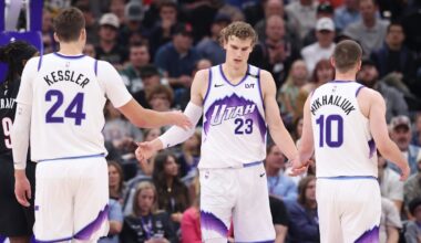 Oct 29, 2025; Salt Lake City, Utah, USA; Utah Jazz forward Lauri Markkanen (23) interacts with center Walker Kessler (24) and guard Svi Mykhailiuk (10) after a basket against the Portland Trail Blazers during the second quarter at Delta Center. Mandatory Credit: Rob Gray-Imagn Images