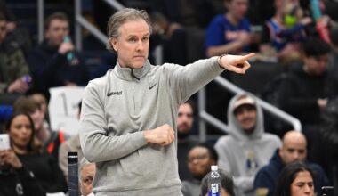 Feb 3, 2026; Washington, District of Columbia, USA; Washington Wizards head coach Brian Keefe points from the bench during a game against the New York Knicks during the first quarter at Capital One Arena. Mandatory Credit: Rafael Suanes-Imagn Images