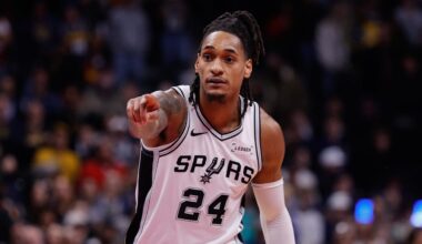 Nov 28, 2025; Denver, Colorado, USA; San Antonio Spurs guard Devin Vassell (24) gestures in the fourth quarter against the Denver Nuggets at Ball Arena. Mandatory Credit: Isaiah J. Downing-Imagn Images