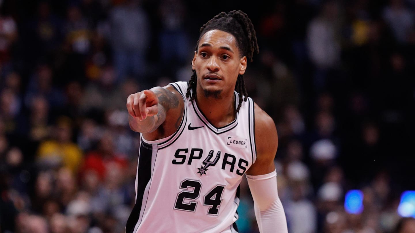 Nov 28, 2025; Denver, Colorado, USA; San Antonio Spurs guard Devin Vassell (24) gestures in the fourth quarter against the Denver Nuggets at Ball Arena. Mandatory Credit: Isaiah J. Downing-Imagn Images