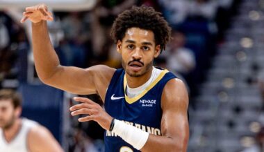 Oct 24, 2025; New Orleans, Louisiana, USA;  New Orleans Pelicans guard Jordan Poole (3) reacts to making a three point basket against the San Antonio Spurs during the first half at Smoothie King Center. Mandatory Credit: Stephen Lew-Imagn Images