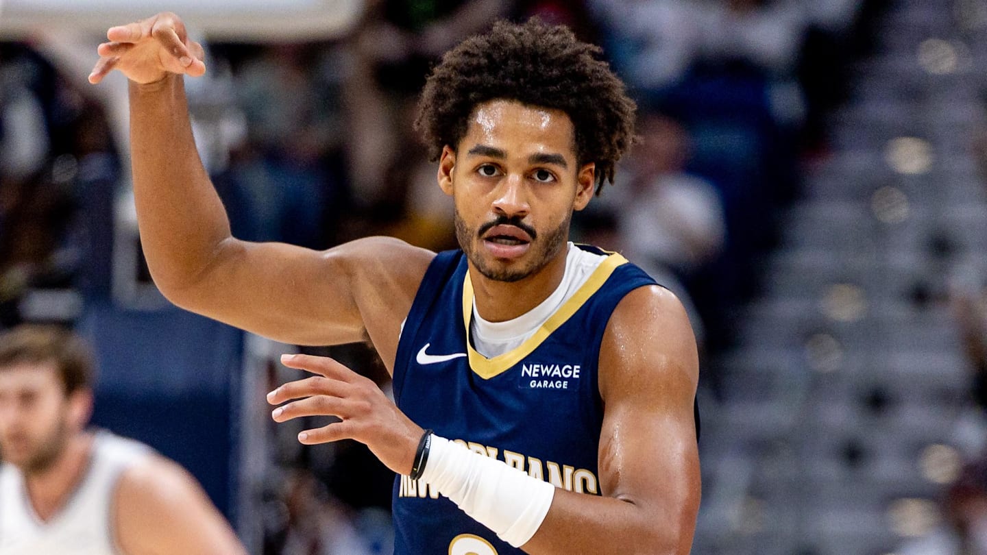 Oct 24, 2025; New Orleans, Louisiana, USA;  New Orleans Pelicans guard Jordan Poole (3) reacts to making a three point basket against the San Antonio Spurs during the first half at Smoothie King Center. Mandatory Credit: Stephen Lew-Imagn Images