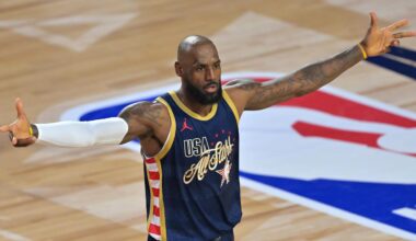 Feb 15, 2026; Inglewood, California, USA; Team USA Stripes forward LeBron James (23) of the Los Angeles Lakers celebrates after game two during the 75th NBA All Star Game at Intuit Dome. Mandatory Credit: Jayne Kamin-Oncea-Imagn Images