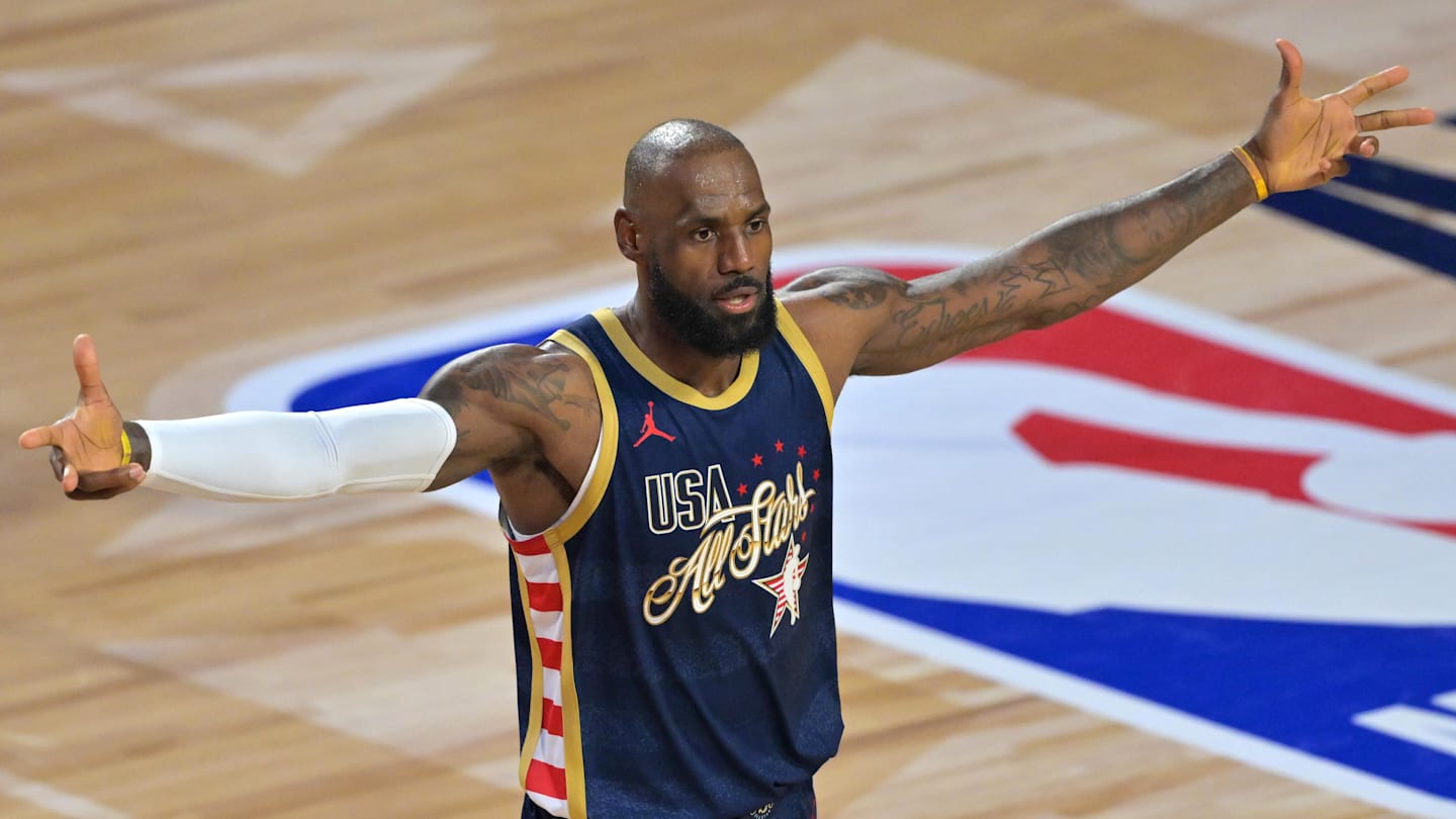 Feb 15, 2026; Inglewood, California, USA; Team USA Stripes forward LeBron James (23) of the Los Angeles Lakers celebrates after game two during the 75th NBA All Star Game at Intuit Dome. Mandatory Credit: Jayne Kamin-Oncea-Imagn Images