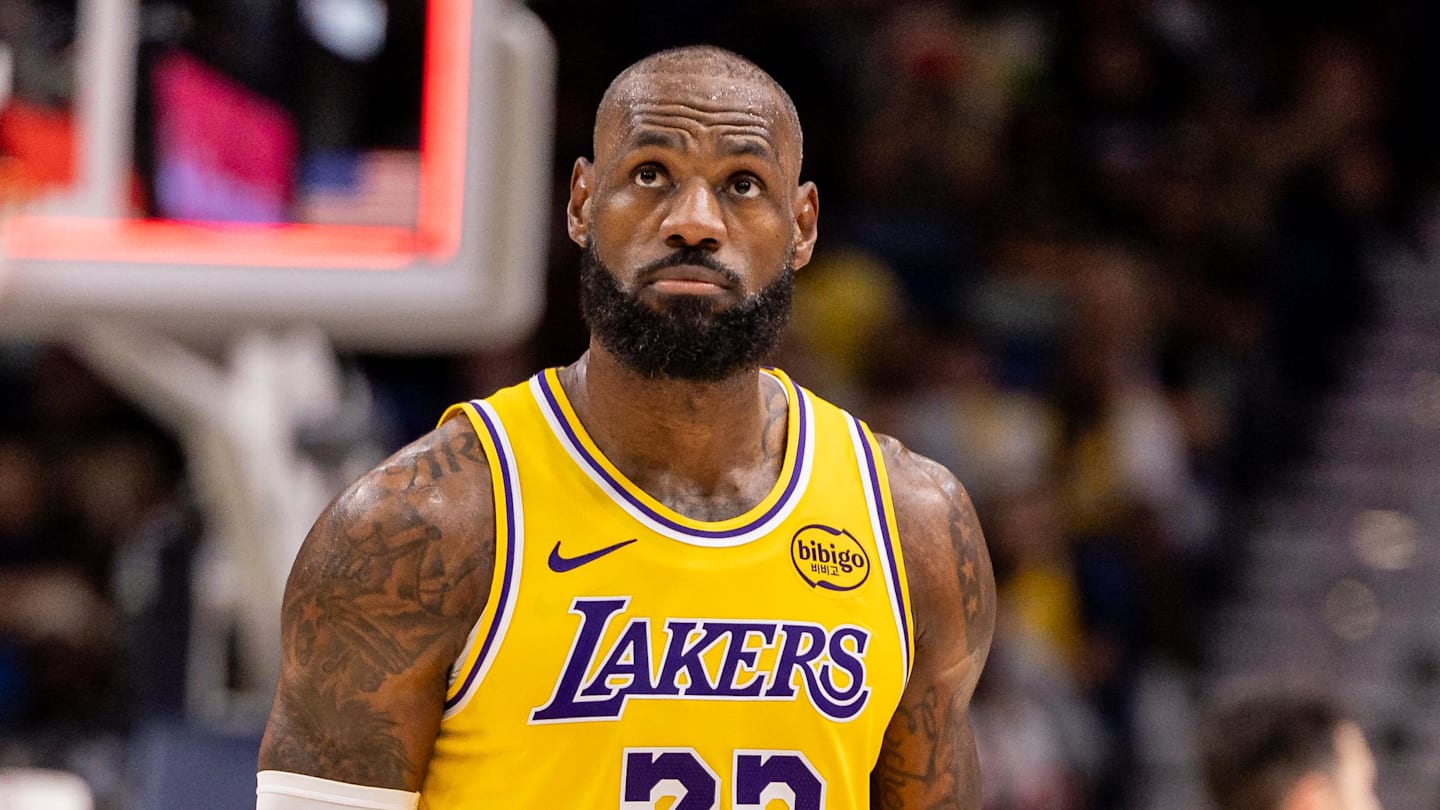 Jan 6, 2026; New Orleans, Louisiana, USA;  Los Angeles Lakers forward LeBron James (23) looks on against the New Orleans Pelicans during the second half at Smoothie King Center. Mandatory Credit: Stephen Lew-Imagn Images