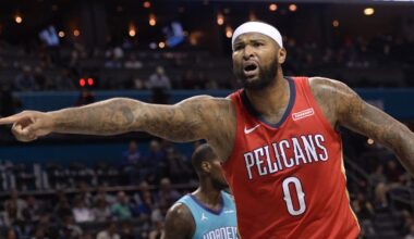 Jan 24, 2018; Charlotte, NC, USA; New Orleans Pelicans forward center DeMarcus Cousins (0) reacts to the referee after being fouled during the first half against the Charlotte Hornets at Spectrum Center. Mandatory Credit: Sam Sharpe-Imagn Images