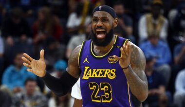 Mar 29, 2025; Memphis, Tennessee, USA; Los Angeles Lakers forward LeBron James (23) reacts during the third quarter against the Memphis Grizzlies at FedExForum. Mandatory Credit: Petre Thomas-Imagn Images