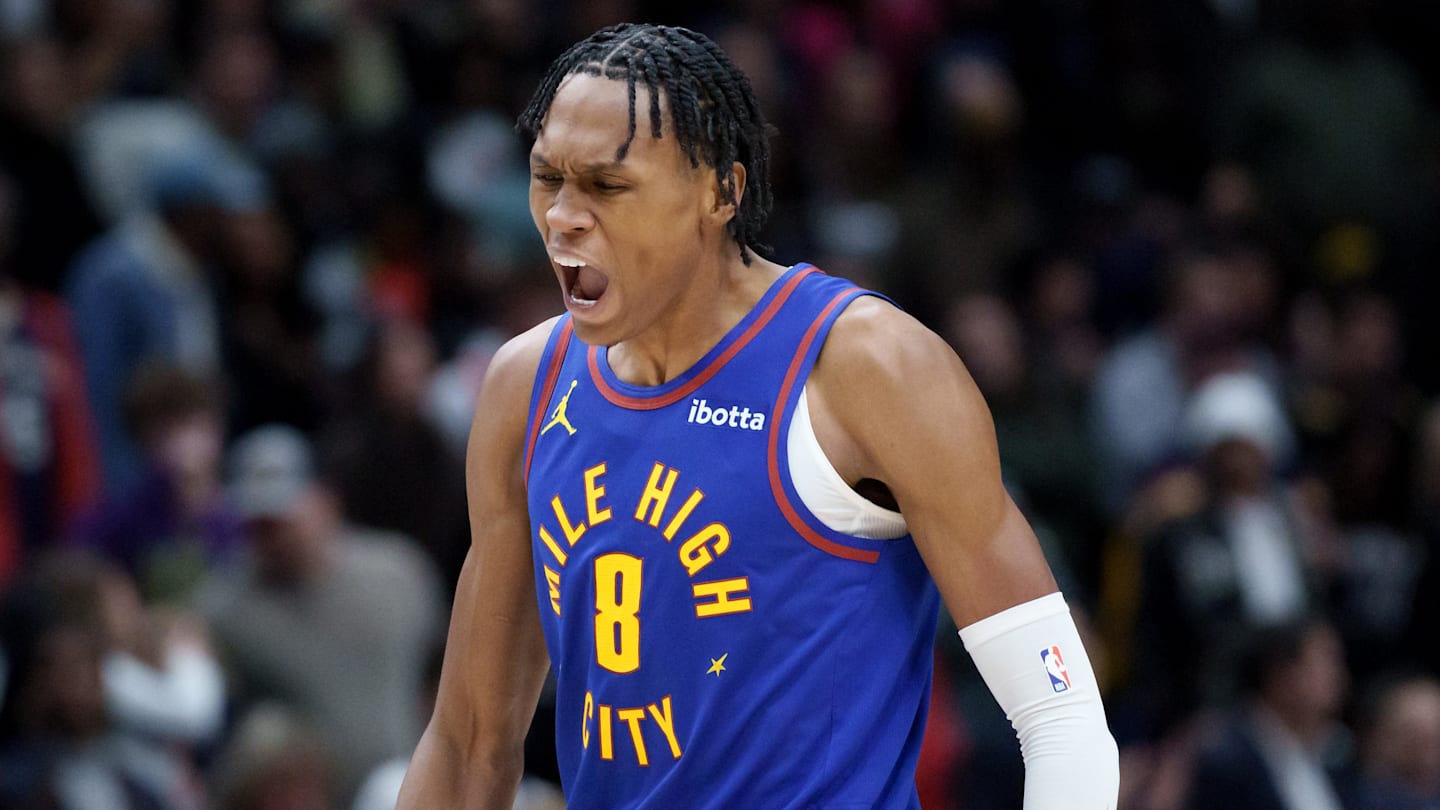 Jan 13, 2026; New Orleans, Louisiana, USA; Denver Nuggets guard Peyton Watson (8) reacts to making a basket against the New Orleans Pelicans during the fourth quarter at Smoothie King Center. Mandatory Credit: Matthew Hinton-Imagn Images