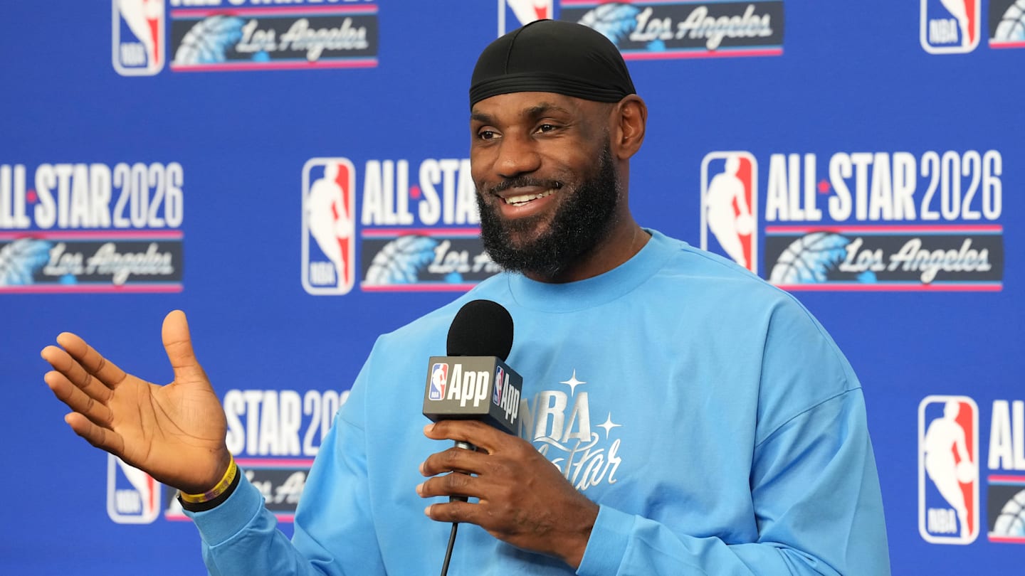 Feb 15, 2026; Inglewood, California, USA; Los Angeles Lakers forward LeBron James (23) speaks in a press conference before the 75th NBA All Star Game at Intuit Dome. Mandatory Credit: Kirby Lee-Imagn Images