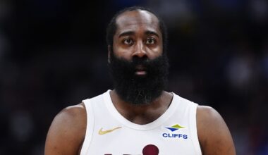 Feb 9, 2026; Denver, Colorado, USA; Cleveland Cavaliers guard James Harden (1) during the second quarter against the Denver Nuggets at Ball Arena. Mandatory Credit: Ron Chenoy-Imagn Images