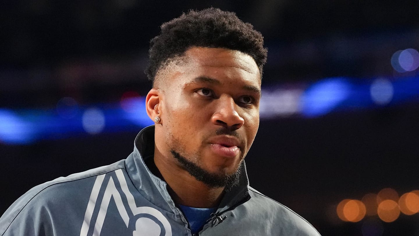 Team World forward Giannis Antetokounmpo (34) of the Milwaukee Bucks looks on during the 75th NBA All-Star Game at Intuit Dome on February 15, 2026.