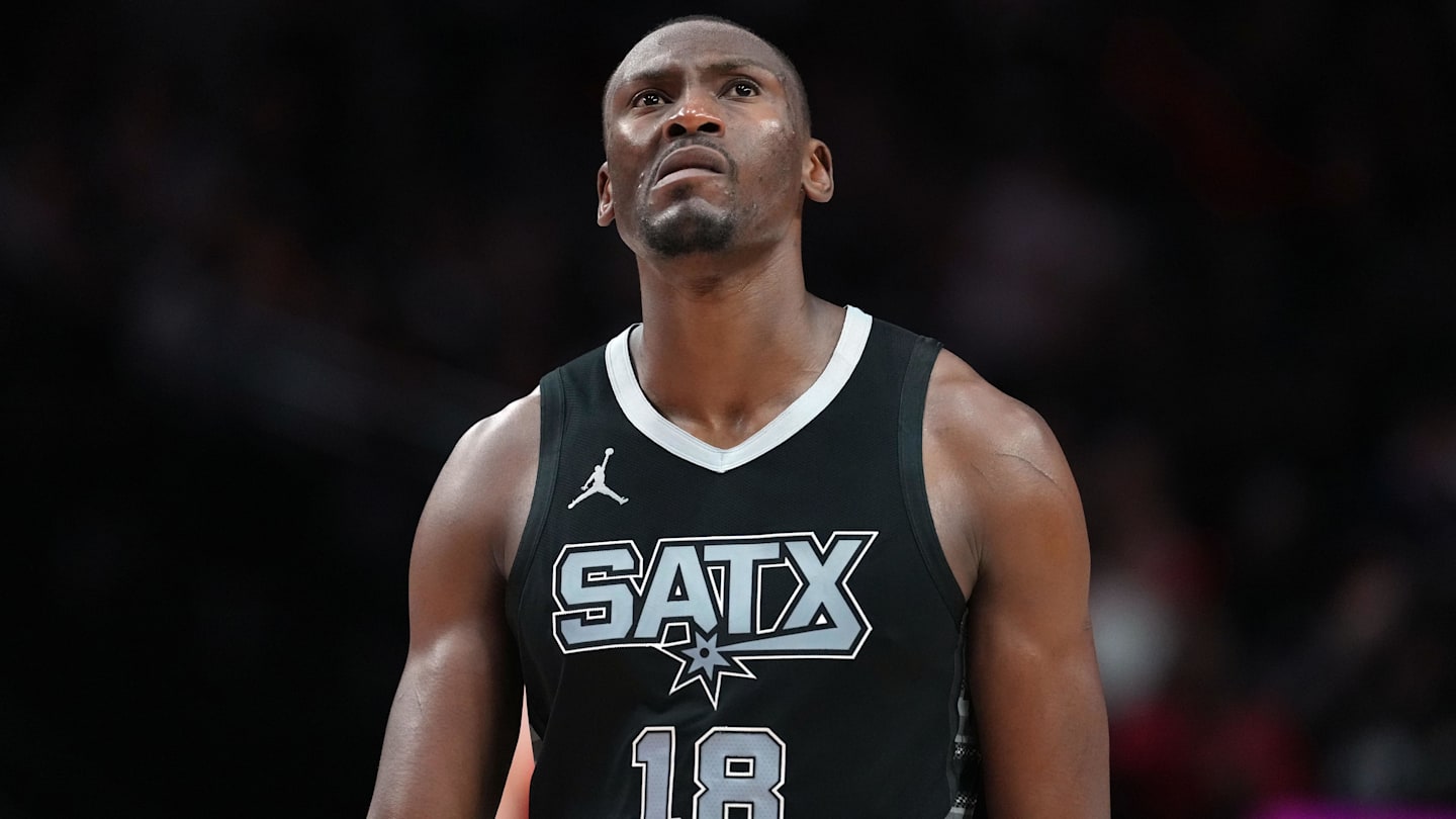 Apr 6, 2025; Portland, Oregon, USA; San Antonio Spurs center Bismack Biyombo (18) looks on during the first half against the Portland Trail Blazers at Moda Center. Mandatory Credit: Soobum Im-Imagn Images