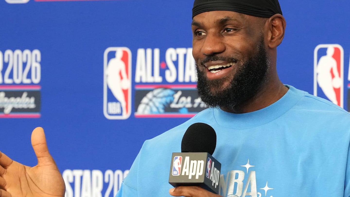 Feb 15, 2026; Inglewood, California, USA; Los Angeles Lakers forward LeBron James (23) speaks in a press conference before the 75th NBA All Star Game at Intuit Dome. Mandatory Credit: Kirby Lee-Imagn Images