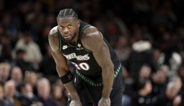 Dec 23, 2025; Minneapolis, Minnesota, USA; Minnesota Timberwolves forward Julius Randle (30) looks on against the New York Knicks in the second half at Target Center. Mandatory Credit: Jesse Johnson-Imagn Images