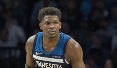 Feb 11, 2026; Minneapolis, Minnesota, USA; Minnesota Timberwolves guard Anthony Edwards (5) dribbles the ball against the Portland Trail Blazers in the second half at Target Center. Mandatory Credit: Jesse Johnson-Imagn Images