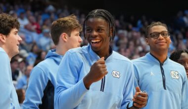 Feb 14, 2026; Chapel Hill, North Carolina, USA; North Carolina Tar Heels forward Caleb Wilson (8) reacts on the bench in the second half at Dean E. Smith Center. Mandatory Credit: Bob Donnan-Imagn Images