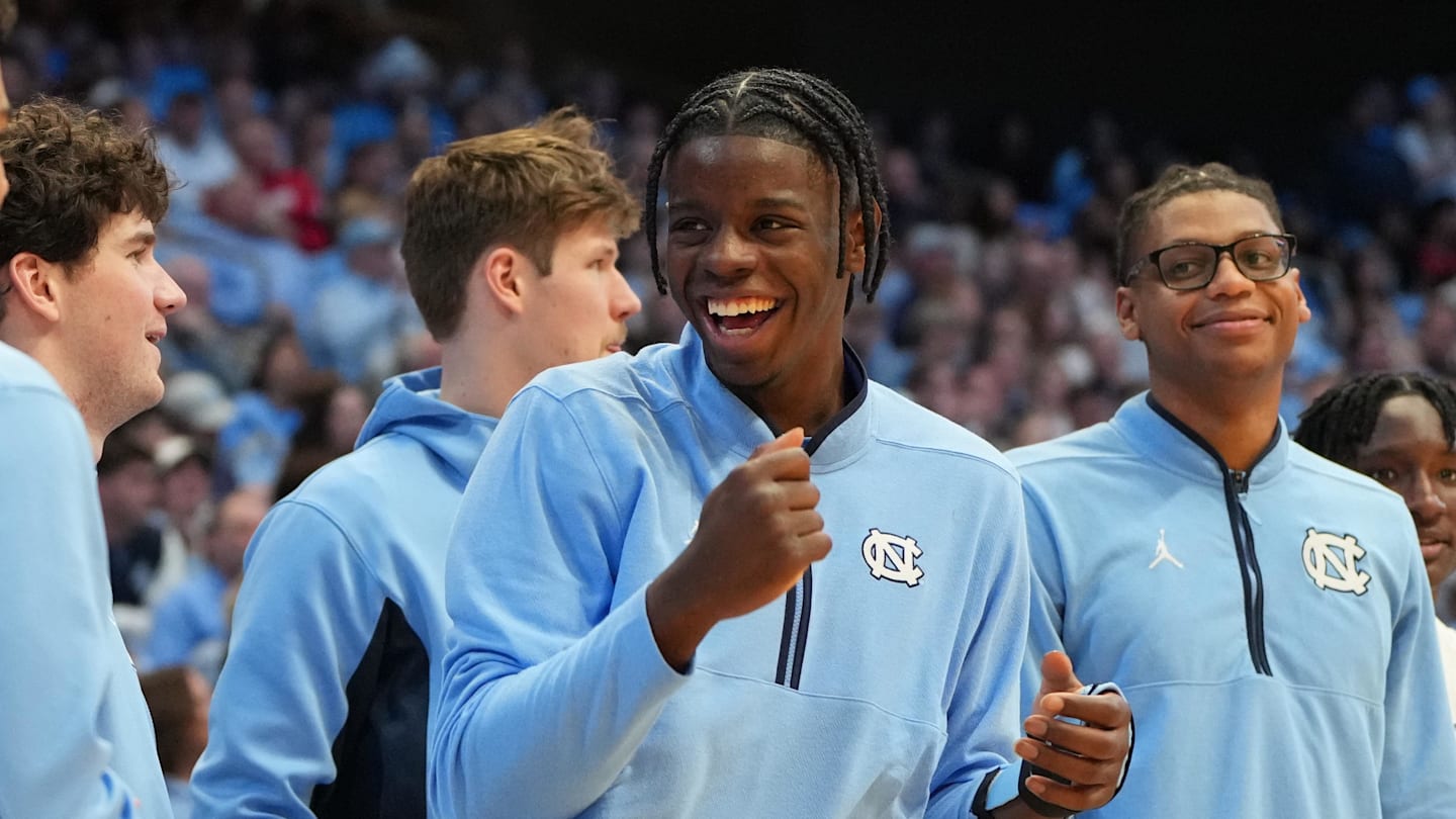 Feb 14, 2026; Chapel Hill, North Carolina, USA; North Carolina Tar Heels forward Caleb Wilson (8) reacts on the bench in the second half at Dean E. Smith Center. Mandatory Credit: Bob Donnan-Imagn Images