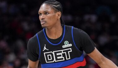 Feb 9, 2026; Charlotte, North Carolina, USA; Detroit Pistons guard/forward Ausar Thompson (9) brings the ball up court during the second half against the Charlotte Hornets at Spectrum Center. ]