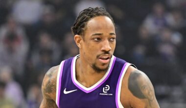 Feb 11, 2026; Salt Lake City, Utah, USA; Sacramento Kings guard/forward DeMar DeRozan (10) stares down Utah Jazz forward Jaren Jackson Jr. (20) during the first half at Delta Center. Mandatory Credit: Peter Creveling-Imagn Images