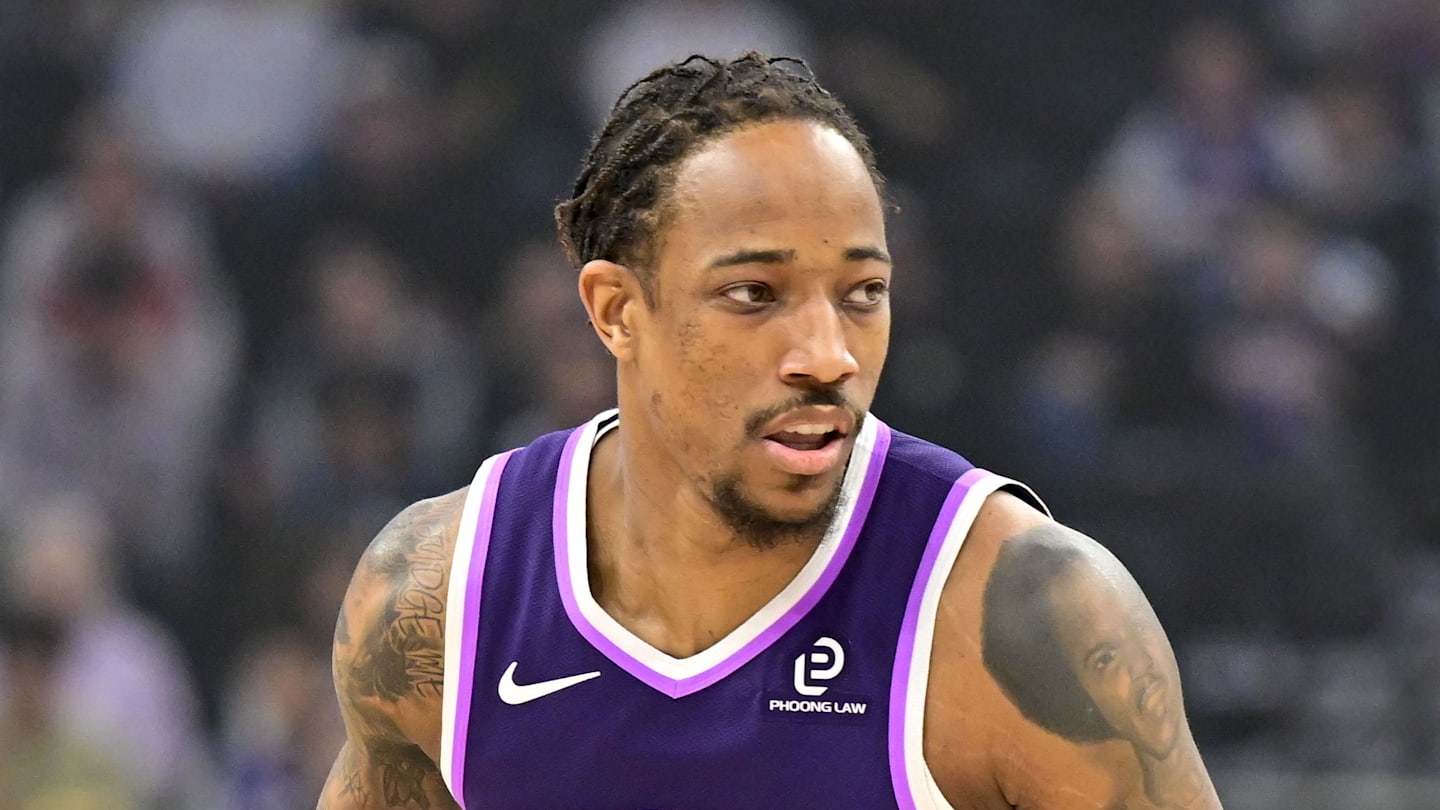 Feb 11, 2026; Salt Lake City, Utah, USA; Sacramento Kings guard/forward DeMar DeRozan (10) stares down Utah Jazz forward Jaren Jackson Jr. (20) during the first half at Delta Center. Mandatory Credit: Peter Creveling-Imagn Images