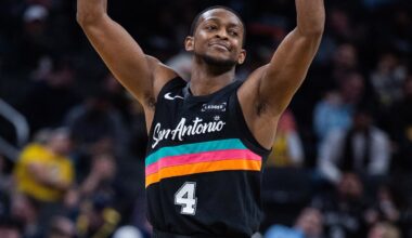 Jan 2, 2026; Indianapolis, Indiana, USA;  San Antonio Spurs guard De'Aaron Fox (4) celebrates a made basket in the second half against the Indiana Pacers at Gainbridge Fieldhouse. Mandatory Credit: Trevor Ruszkowski-Imagn Images