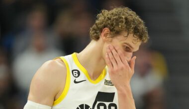 Nov 25, 2022; San Francisco, California, USA; Utah Jazz forward Lauri Markkanen (23) reacts during the second quarter against the Golden State Warriors at Chase Center. Mandatory Credit: Darren Yamashita-Imagn Images