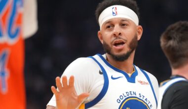 Dec 2, 2025; San Francisco, California, USA; Golden State Warriors guard Seth Curry (31) stands on the court after a play against the Oklahoma City Thunder in the first quarter at the Chase Center. Mandatory Credit: Cary Edmondson-Imagn Images
