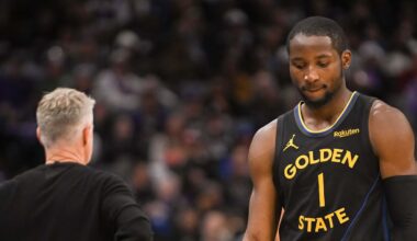 Nov 5, 2025; Sacramento, California, USA; Golden State Warriors forward Jonathan Kuminga (1) walks off the court after being removed from the game during the fourth quarter of the game against the Sacramento Kings at Golden 1 Center. Mandatory Credit: Ed Szczepanski-Imagn Images