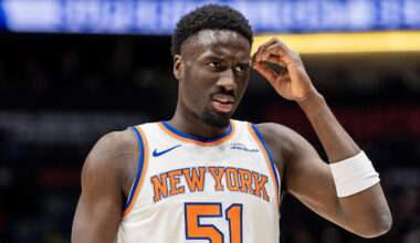 Dec 29, 2025; New Orleans, Louisiana, USA;  New York Knicks forward Mohamed Diawara (51) looks on against the New Orleans Pelicans during the first half at Smoothie King Center. Mandatory Credit: Stephen Lew-Imagn Images