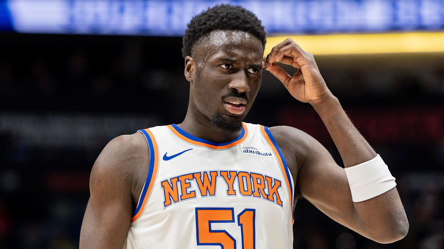Dec 29, 2025; New Orleans, Louisiana, USA;  New York Knicks forward Mohamed Diawara (51) looks on against the New Orleans Pelicans during the first half at Smoothie King Center. Mandatory Credit: Stephen Lew-Imagn Images