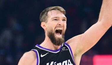Jan 23, 2026; Cleveland, Ohio, USA; Sacramento Kings forward Domantas Sabonis (11) celebrates after hitting a three point basket against the Cleveland Cavaliers during the first half at Rocket Arena. Mandatory Credit: Ken Blaze-Imagn Images