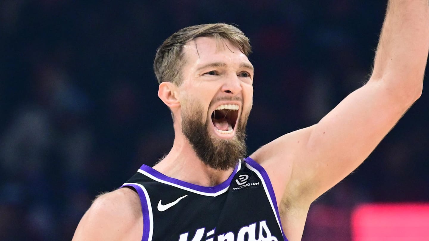 Jan 23, 2026; Cleveland, Ohio, USA; Sacramento Kings forward Domantas Sabonis (11) celebrates after hitting a three point basket against the Cleveland Cavaliers during the first half at Rocket Arena. Mandatory Credit: Ken Blaze-Imagn Images