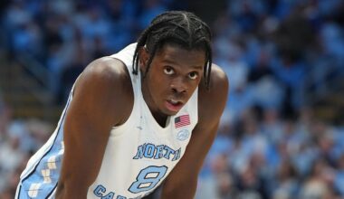 Feb 2, 2026; Chapel Hill, North Carolina, USA; North Carolina Tar Heels forward Caleb Wilson (8) on the free throw line in the second half at Dean E. Smith Center. Mandatory Credit: Bob Donnan-Imagn Images
