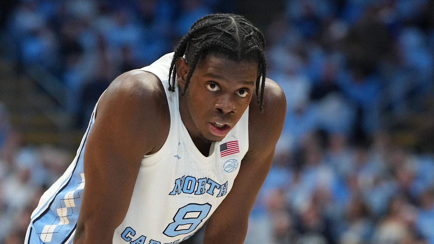 Feb 2, 2026; Chapel Hill, North Carolina, USA; North Carolina Tar Heels forward Caleb Wilson (8) on the free throw line in the second half at Dean E. Smith Center. Mandatory Credit: Bob Donnan-Imagn Images