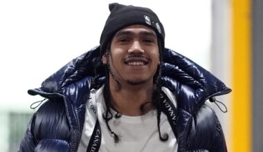 Mar 12, 2025; Portland, Oregon, USA; Portland Trail Blazers guard Dalano Banton (5) arrives to the arena before the game against the New York Knicks at Moda Center. Mandatory Credit: Soobum Im-Imagn Images