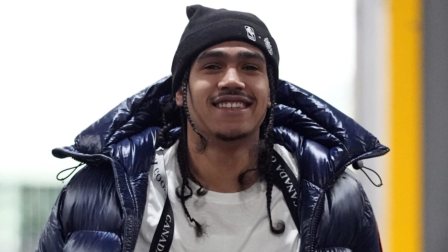 Mar 12, 2025; Portland, Oregon, USA; Portland Trail Blazers guard Dalano Banton (5) arrives to the arena before the game against the New York Knicks at Moda Center. Mandatory Credit: Soobum Im-Imagn Images