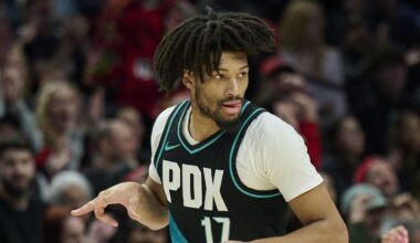 Jan 22, 2026; Portland, Oregon, USA; Portland Trail Blazers guard Shaedon Sharpe (17) celebrates scoring a three point basket during the second half against the Miami Heat at Moda Center. Mandatory Credit: Troy Wayrynen-Imagn Images