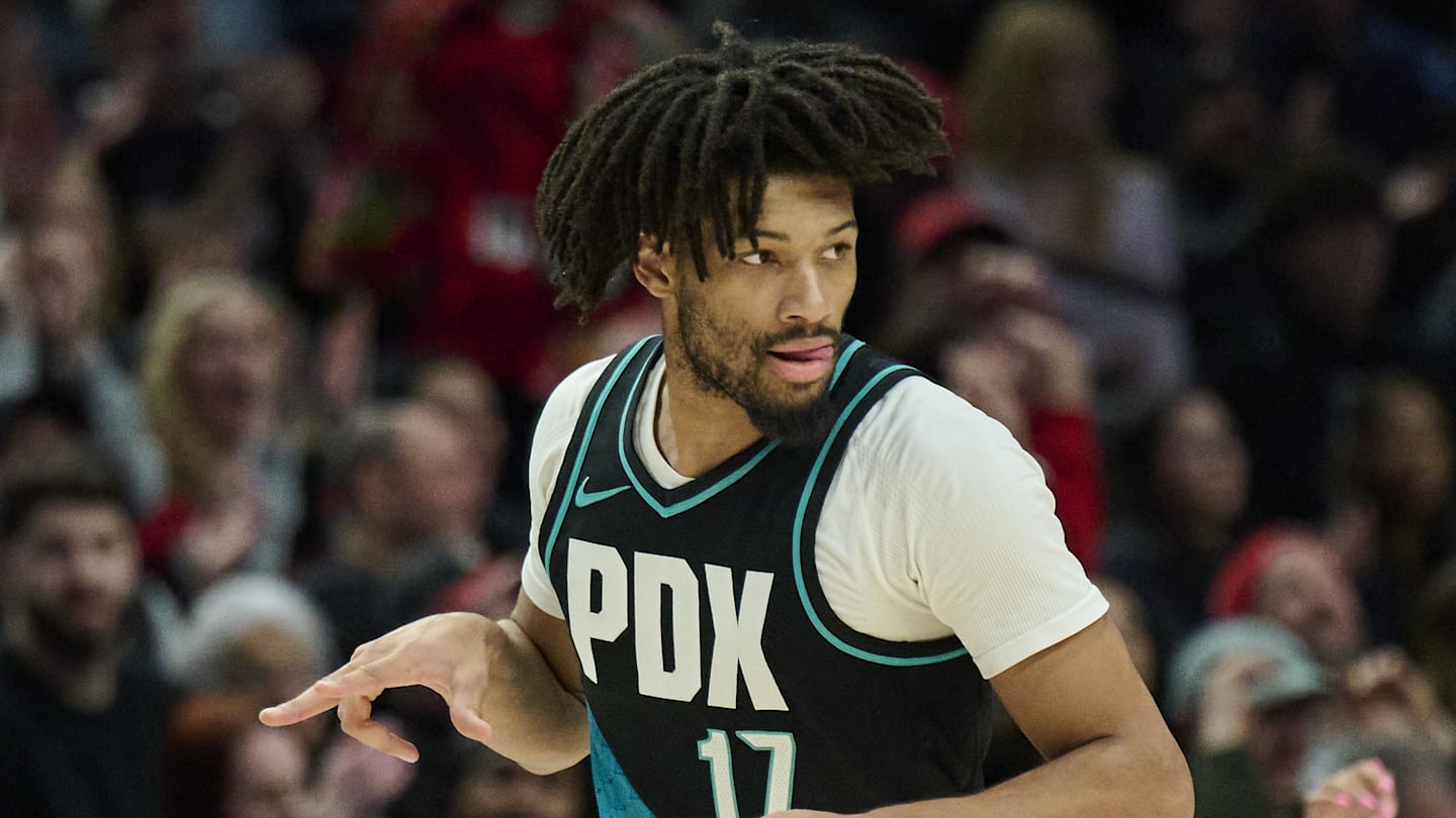 Jan 22, 2026; Portland, Oregon, USA; Portland Trail Blazers guard Shaedon Sharpe (17) celebrates scoring a three point basket during the second half against the Miami Heat at Moda Center. Mandatory Credit: Troy Wayrynen-Imagn Images